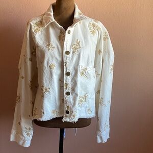 ZARA Cream Jean Jacket with Gold Floral Embroidery